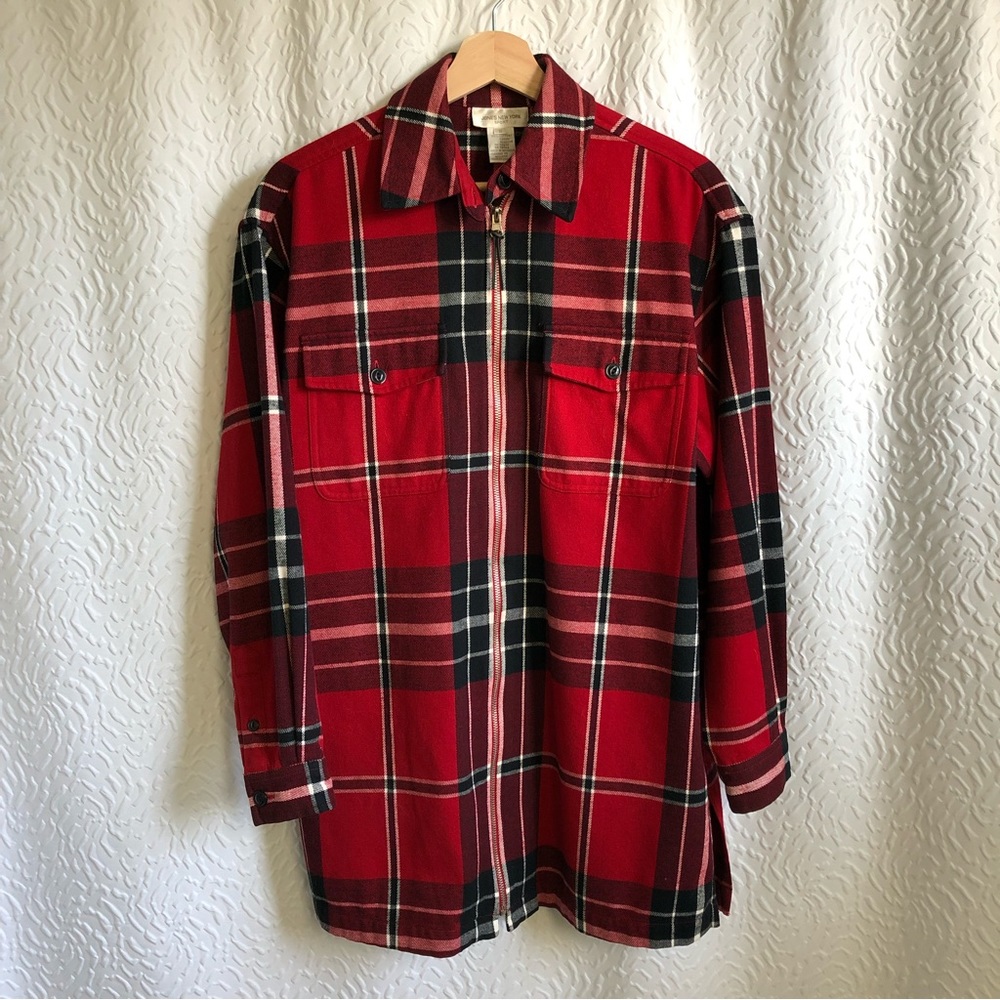 Jones New York Red, Black & White Plaid Zip-Up Long-sleeve Shirt Jacket Shacket